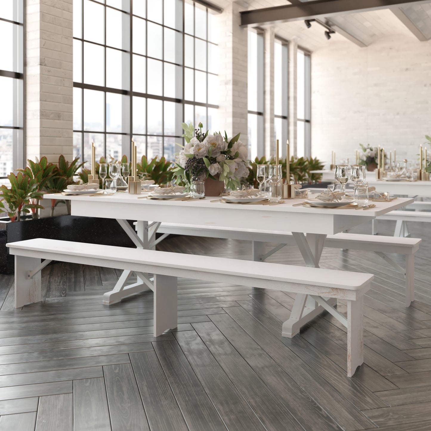 HERCULES 8' x 40" Rectangular Antique Rustic White Solid Pine Folding Farm Table with X Legs Antique Rustic White