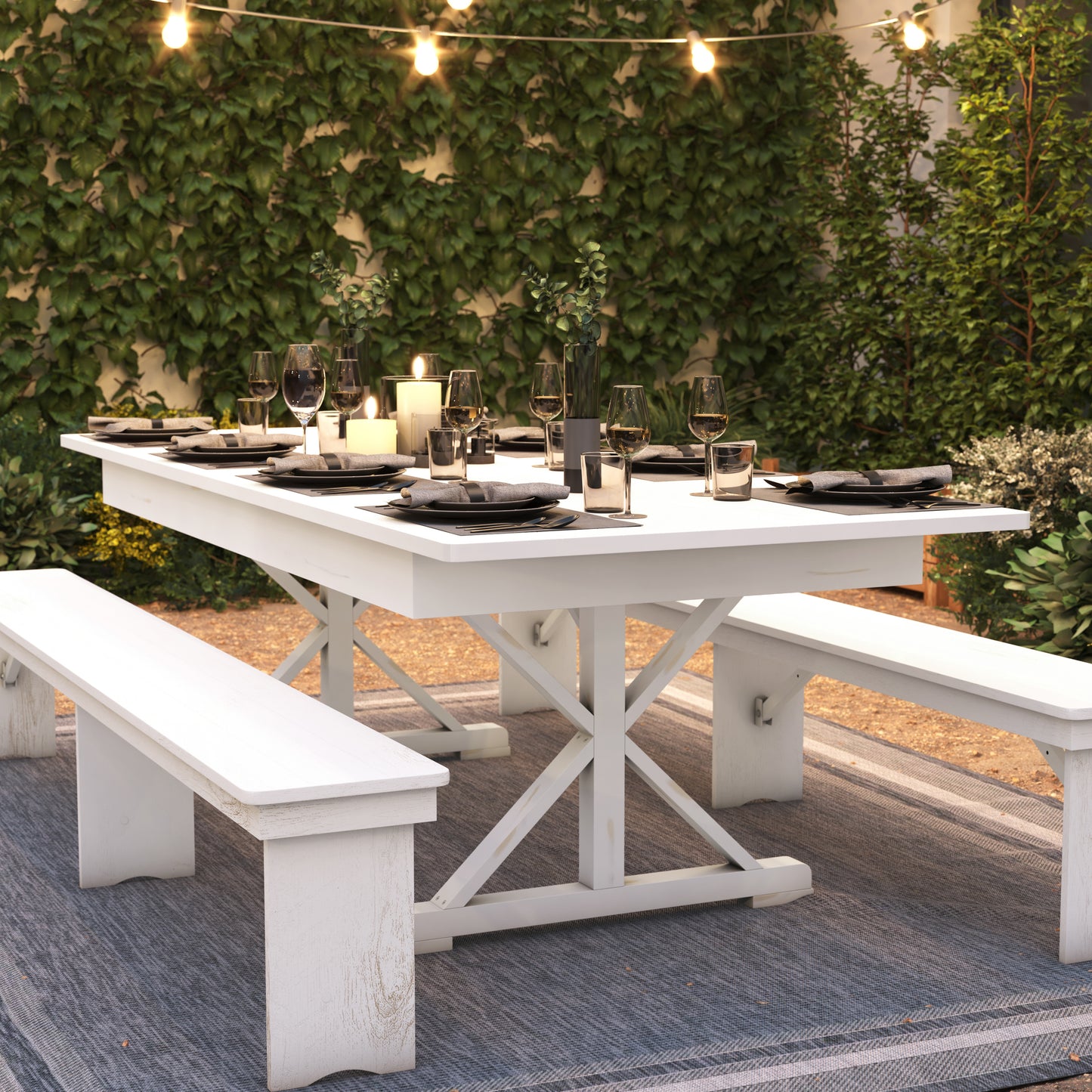 HERCULES 8' x 40" Rectangular Antique Rustic White Solid Pine Folding Farm Table with X Legs Antique Rustic White