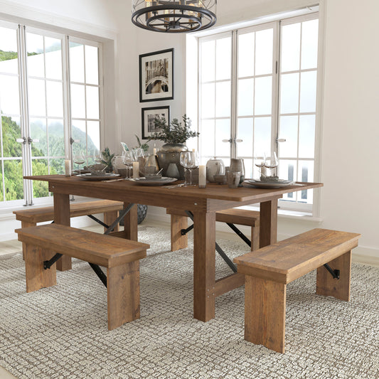 HERCULES Series 7' x 40'' Antique Rustic Folding Farm Table and Four Bench Set Antique Rustic