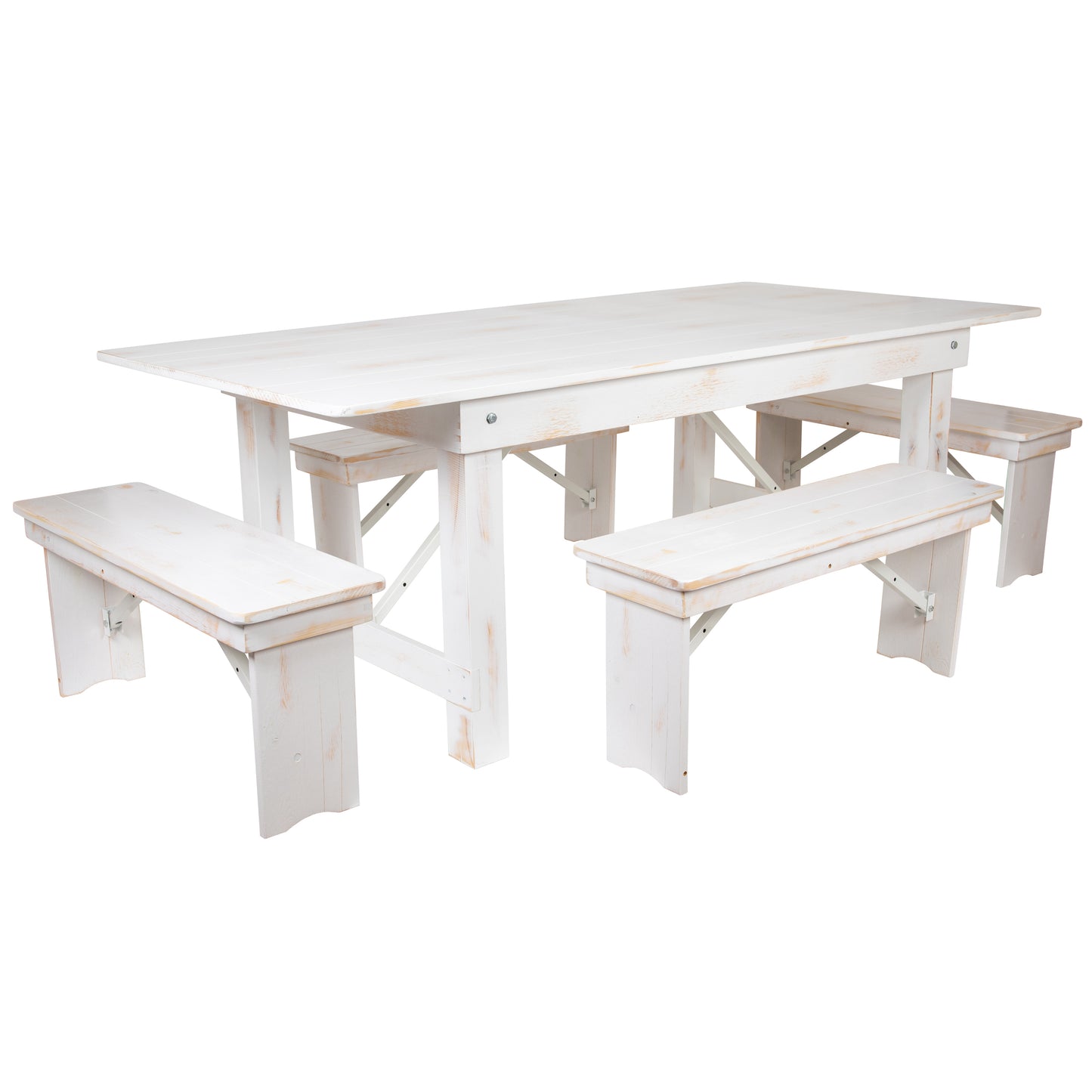 HERCULES Series 7' x 40" Antique Rustic White Folding Farm Table and Four Bench Set Antique Rustic White
