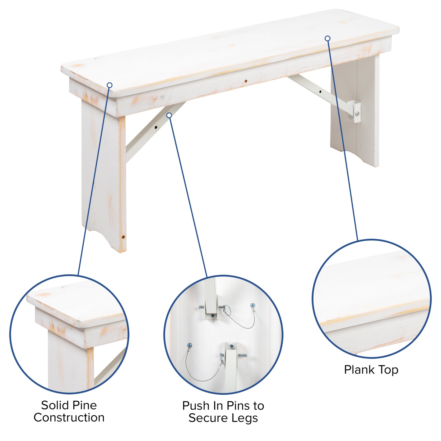 HERCULES Series 7' x 40" Antique Rustic White Folding Farm Table and Four Bench Set Antique Rustic White