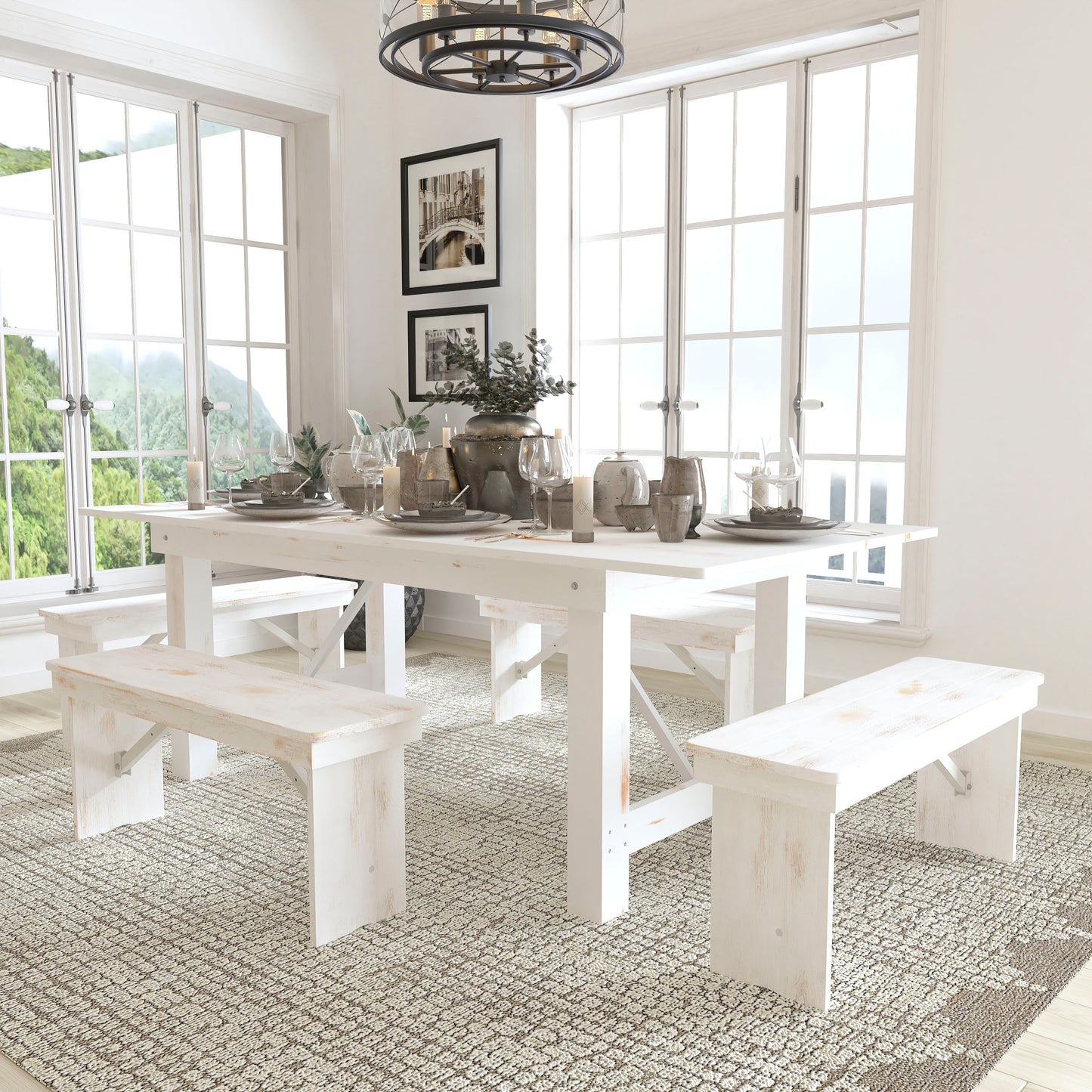 HERCULES Series 7' x 40" Antique Rustic White Folding Farm Table and Four Bench Set Antique Rustic White
