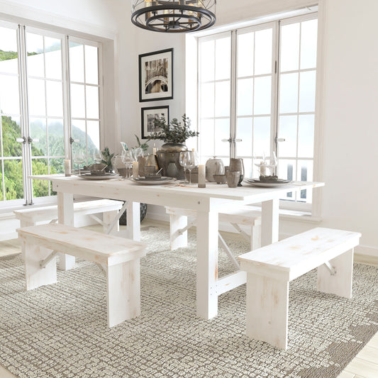 HERCULES Series 7' x 40" Antique Rustic White Folding Farm Table and Four Bench Set Antique Rustic White