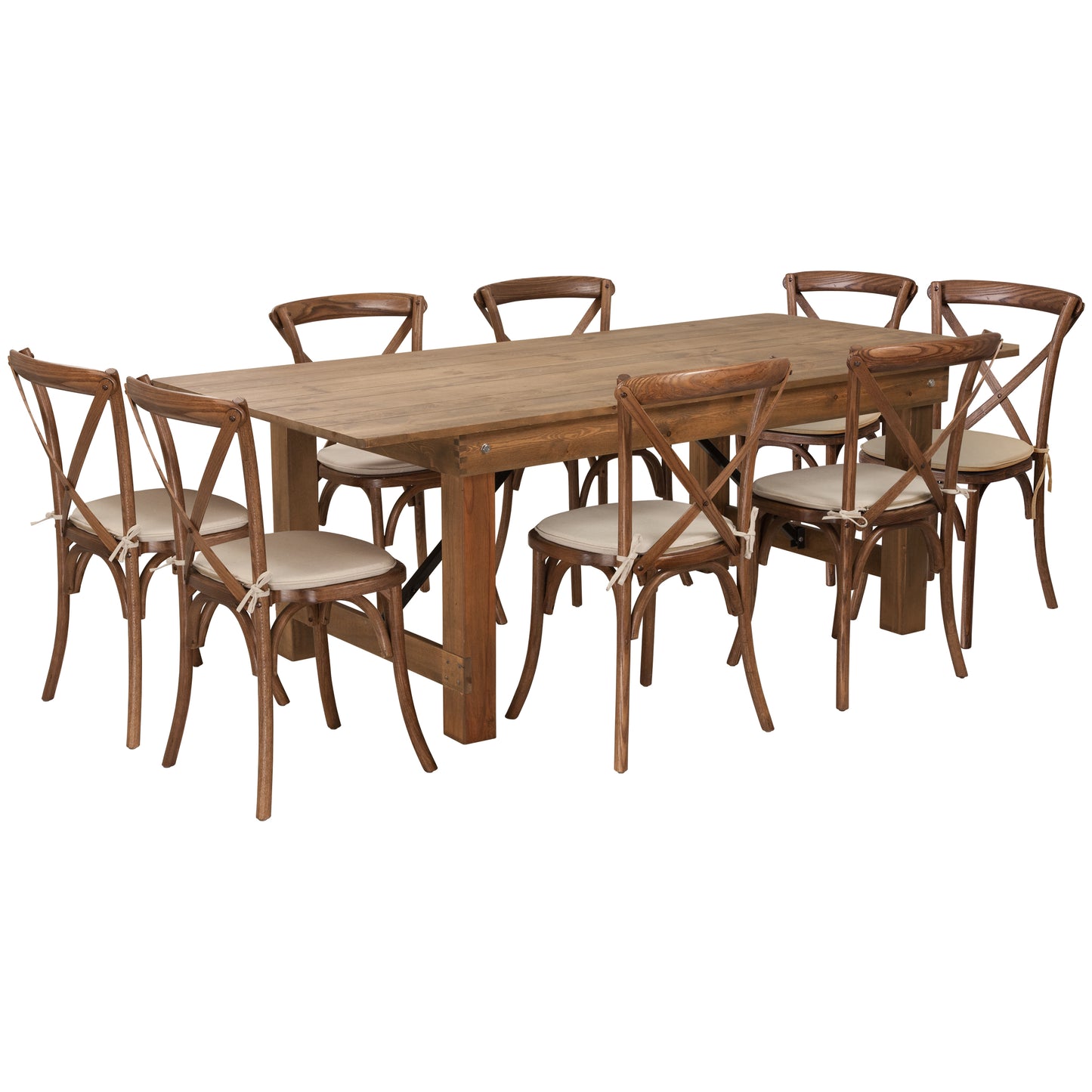 HERCULES Series 7' x 40'' Antique Rustic Folding Farm Table Set with 8 Cross Back Chairs and Cushions Antique Rustic
