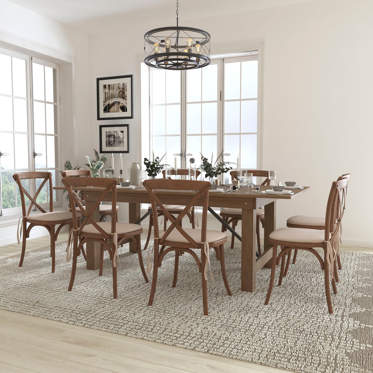 HERCULES Series 7' x 40'' Antique Rustic Folding Farm Table Set with 8 Cross Back Chairs and Cushions Antique Rustic