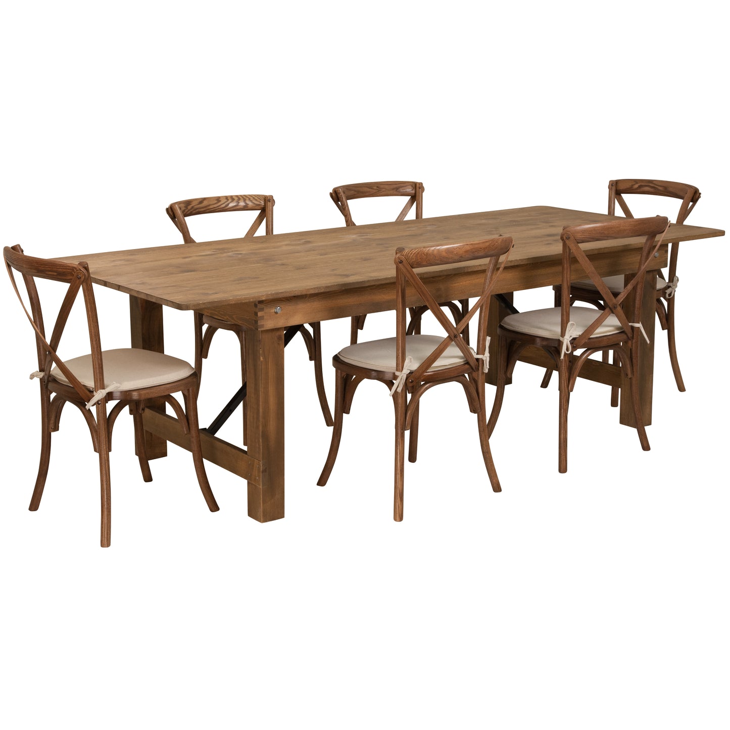 HERCULES Series 8' x 40'' Antique Rustic Folding Farm Table Set with 6 Cross Back Chairs and Cushions Antique Rustic