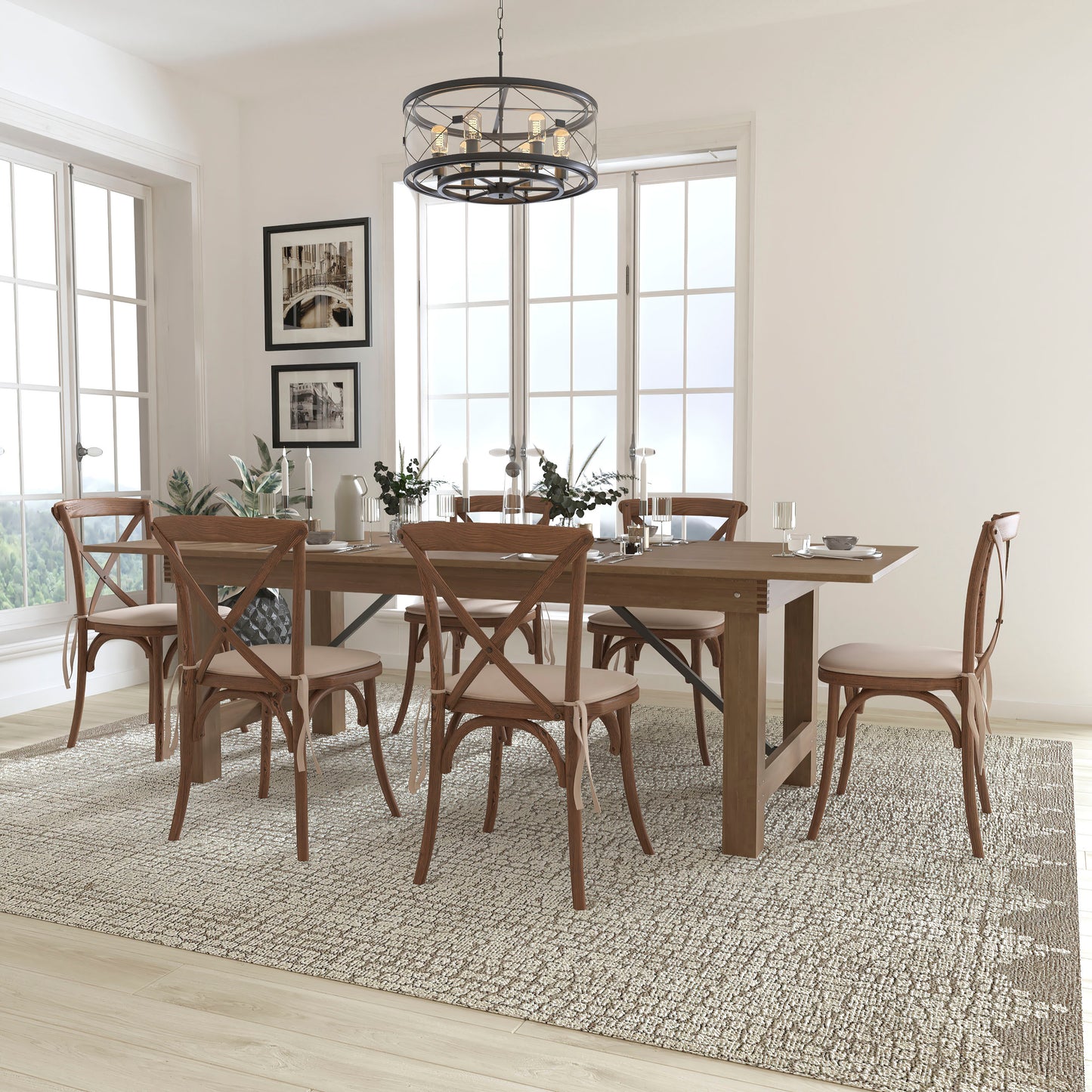 HERCULES Series 8' x 40'' Antique Rustic Folding Farm Table Set with 6 Cross Back Chairs and Cushions Antique Rustic