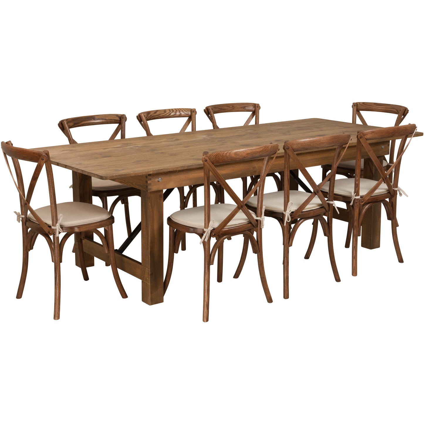 HERCULES Series 8' x 40'' Antique Rustic Folding Farm Table Set with 8 Cross Back Chairs and Cushions Antique Rustic