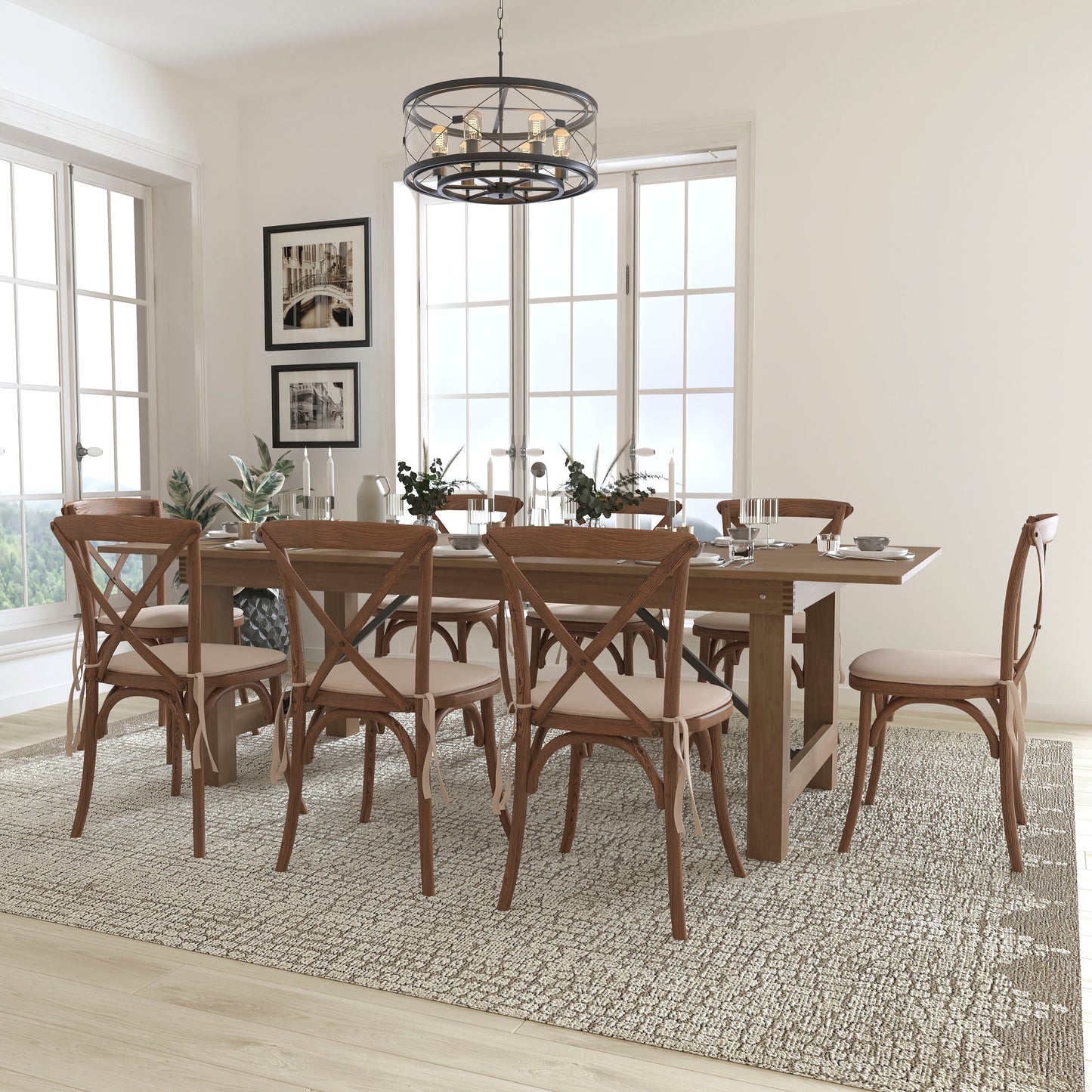 HERCULES Series 8' x 40'' Antique Rustic Folding Farm Table Set with 8 Cross Back Chairs and Cushions Antique Rustic