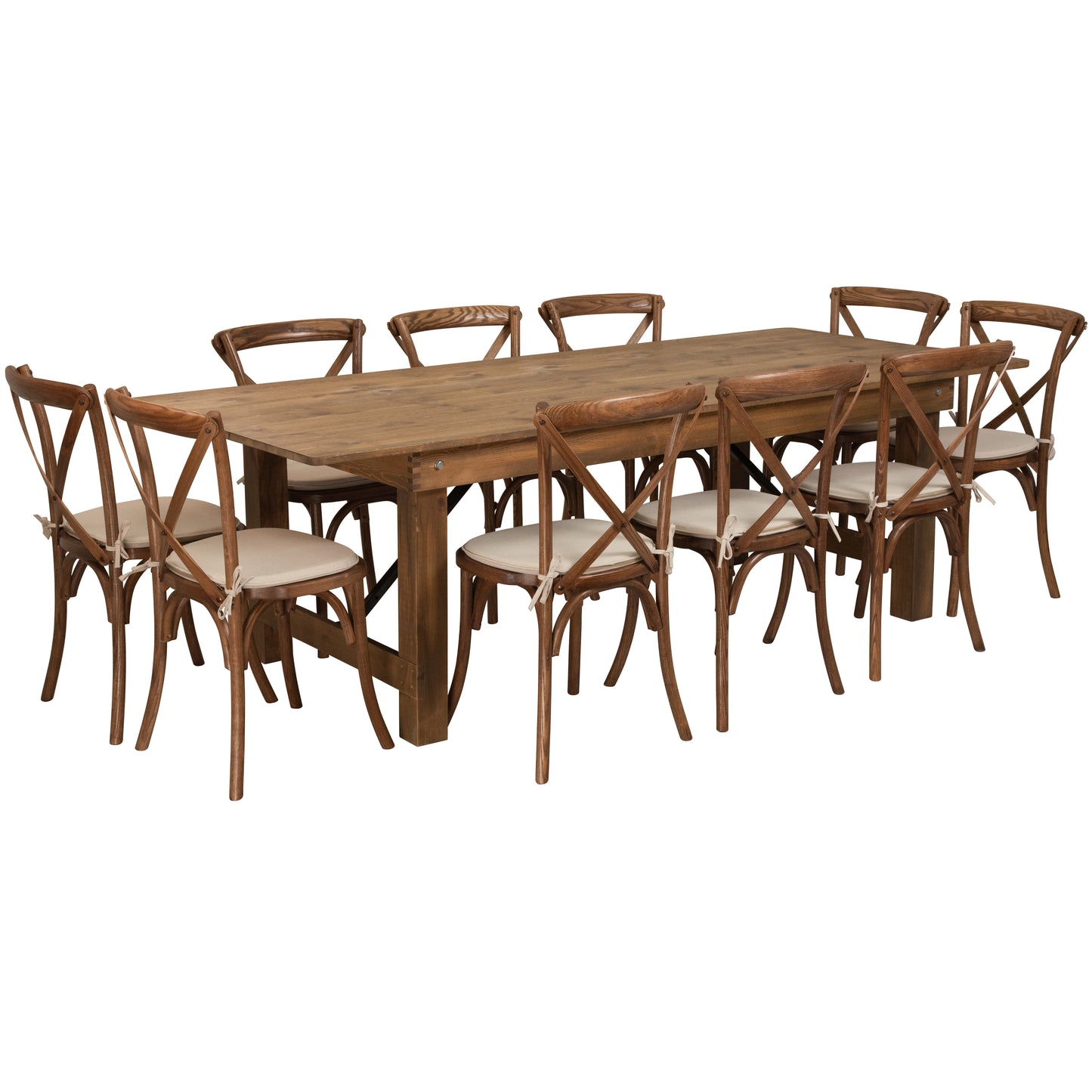 HERCULES Series 8' x 40'' Antique Rustic Folding Farm Table Set with 10 Cross Back Chairs and Cushions Antique Rustic