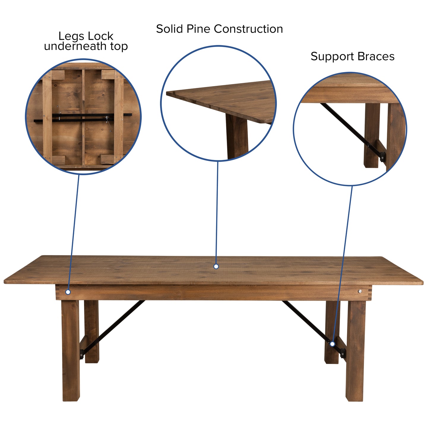 HERCULES Series 8' x 40'' Antique Rustic Folding Farm Table Set with 10 Cross Back Chairs and Cushions Antique Rustic