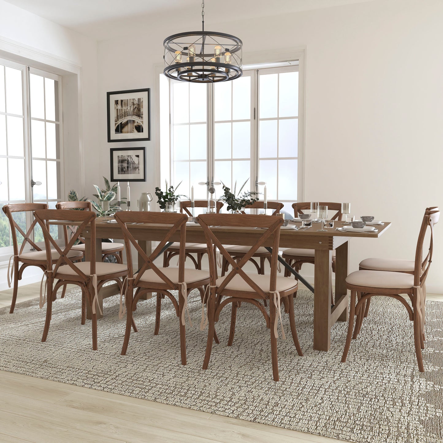 HERCULES Series 8' x 40'' Antique Rustic Folding Farm Table Set with 10 Cross Back Chairs and Cushions Antique Rustic