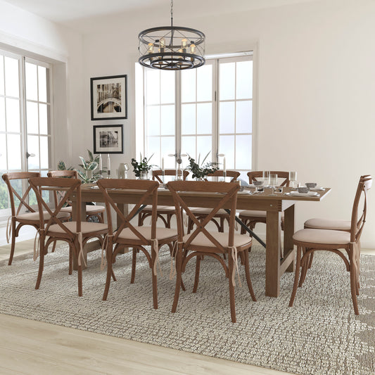 HERCULES Series 8' x 40'' Antique Rustic Folding Farm Table Set with 10 Cross Back Chairs and Cushions Antique Rustic