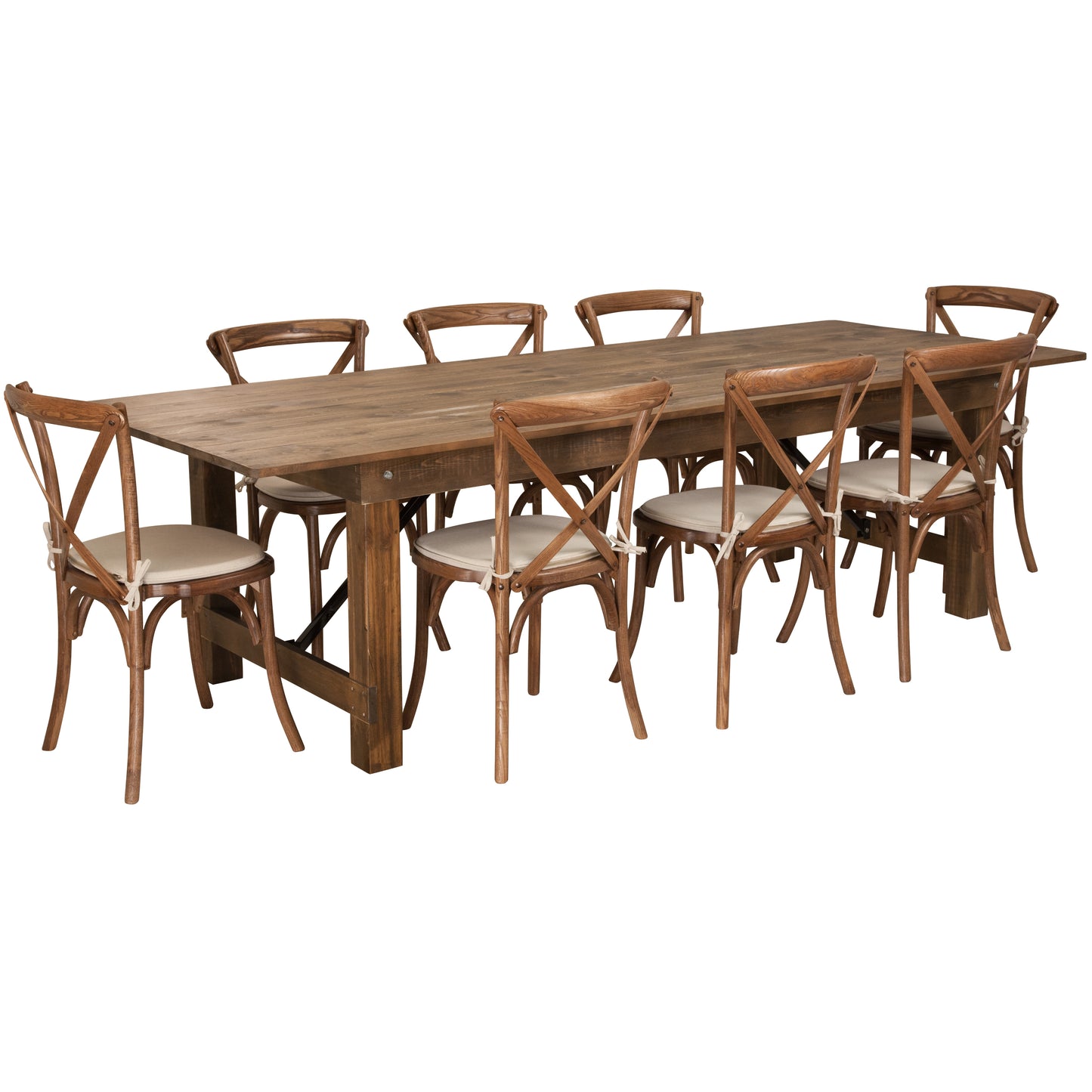 HERCULES Series 9' x 40'' Antique Rustic Folding Farm Table Set with 8 Cross Back Chairs and Cushions Antique Rustic