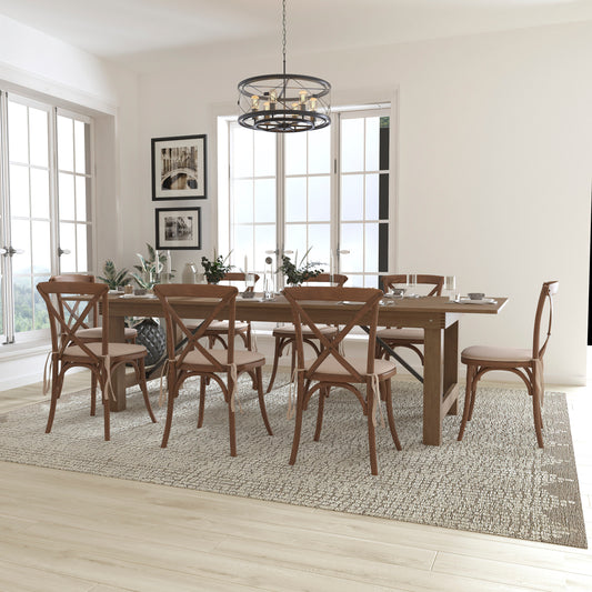 HERCULES Series 9' x 40'' Antique Rustic Folding Farm Table Set with 8 Cross Back Chairs and Cushions Antique Rustic