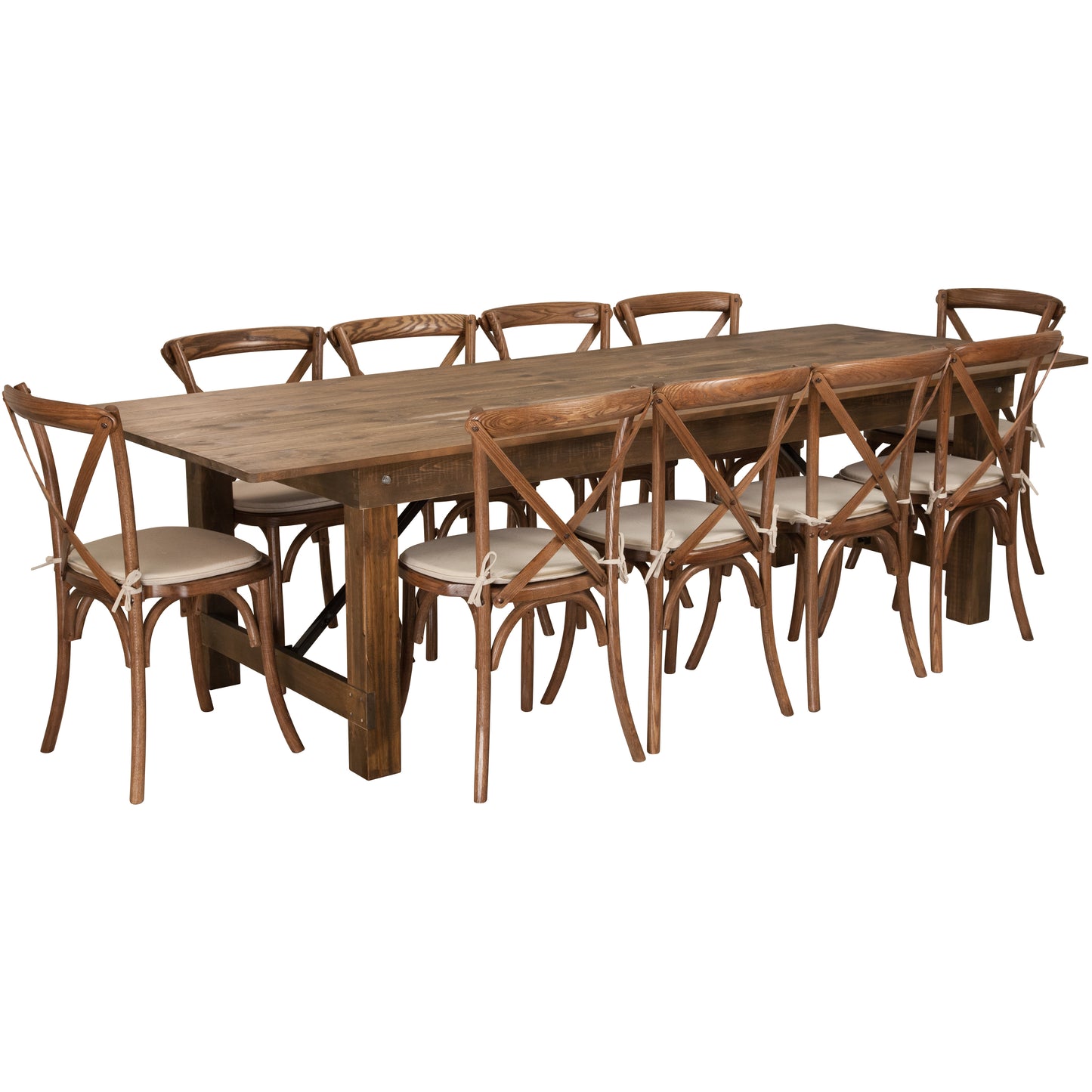HERCULES Series 9' x 40'' Antique Rustic Folding Farm Table Set with 10 Cross Back Chairs and Cushions Antique Rustic