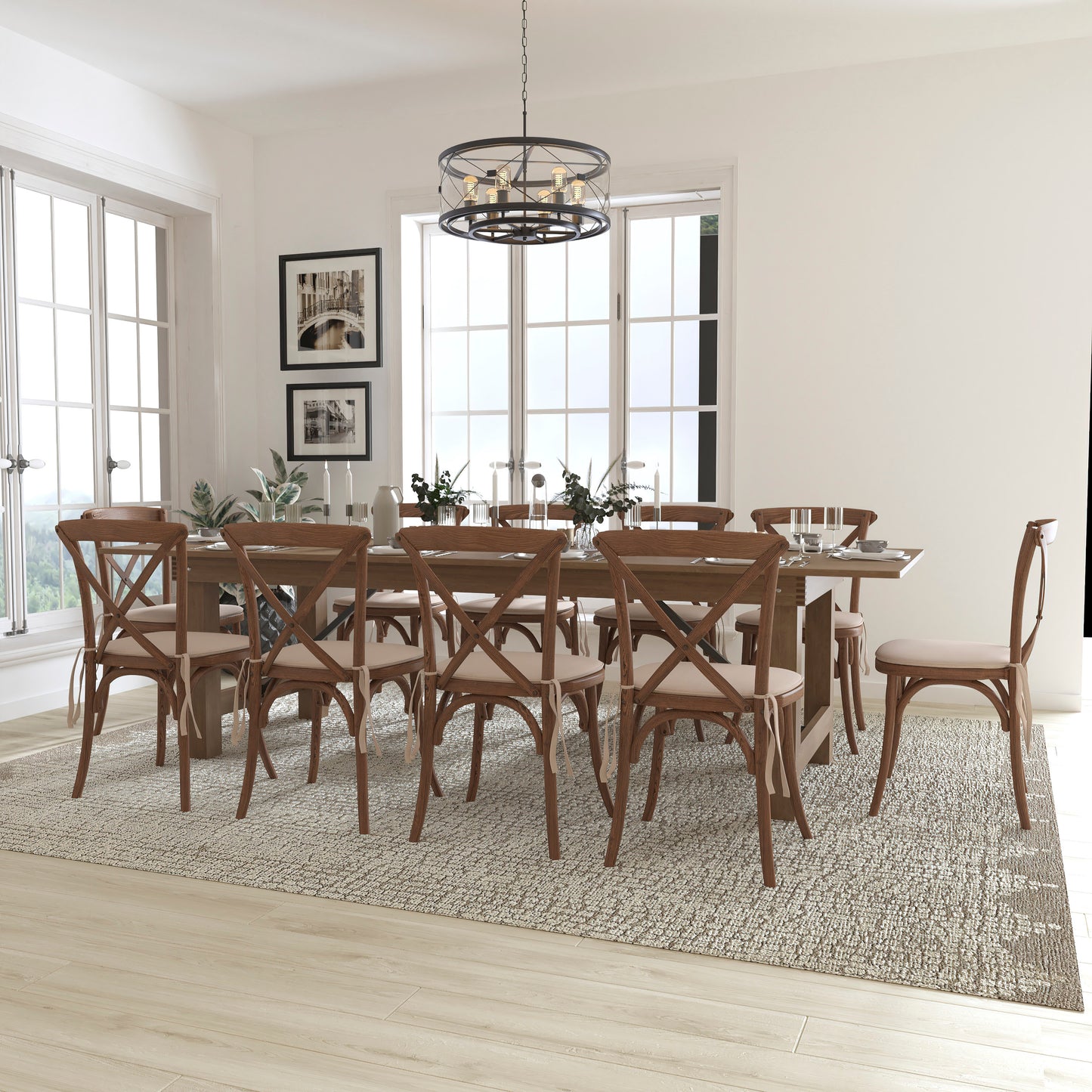 HERCULES Series 9' x 40'' Antique Rustic Folding Farm Table Set with 10 Cross Back Chairs and Cushions Antique Rustic