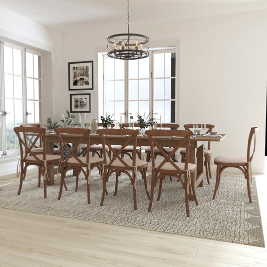 HERCULES Series 9' x 40'' Antique Rustic Folding Farm Table Set with 10 Cross Back Chairs and Cushions Antique Rustic