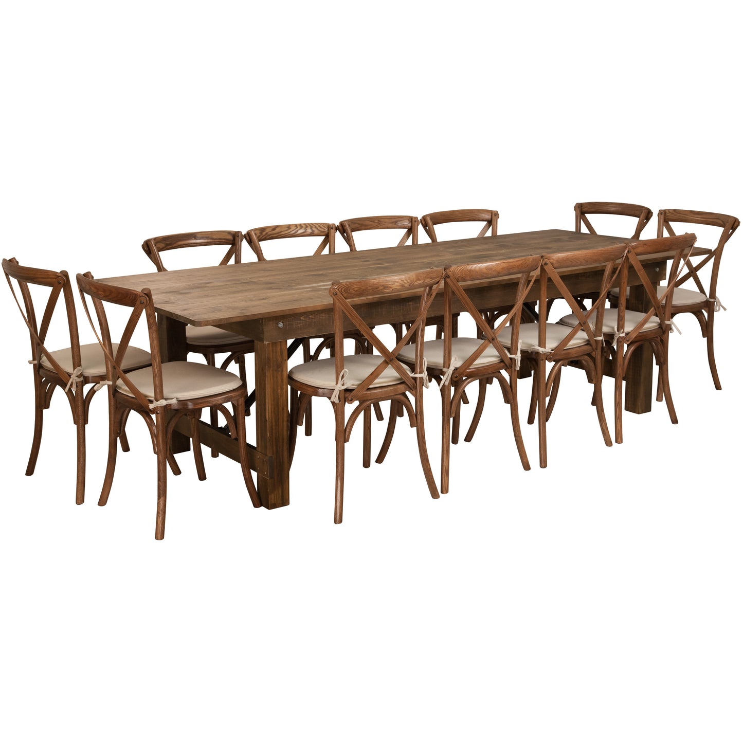 HERCULES Series 9' x 40'' Antique Rustic Folding Farm Table Set with 12 Cross Back Chairs and Cushions Antique Rustic