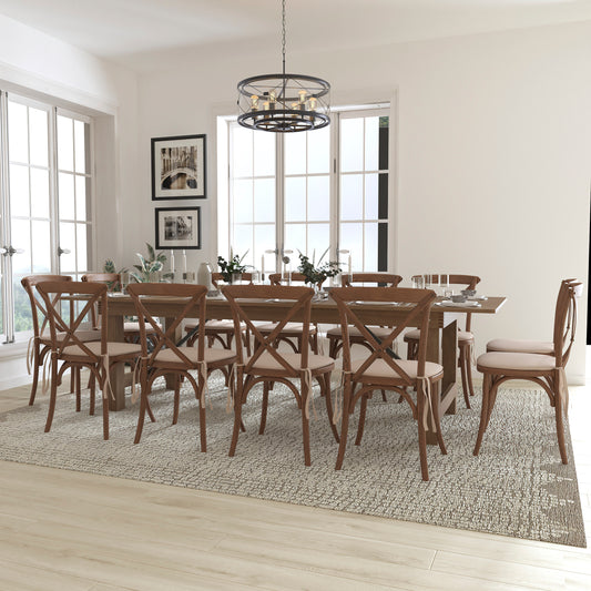 HERCULES Series 9' x 40'' Antique Rustic Folding Farm Table Set with 12 Cross Back Chairs and Cushions Antique Rustic