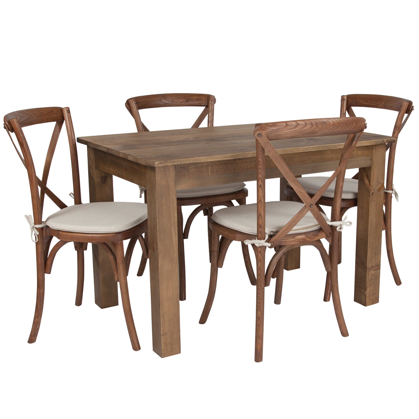 HERCULES 46" x 30" Antique Rustic Farm Table Set with 4 Cross Back Chairs and Cushions Antique Rustic