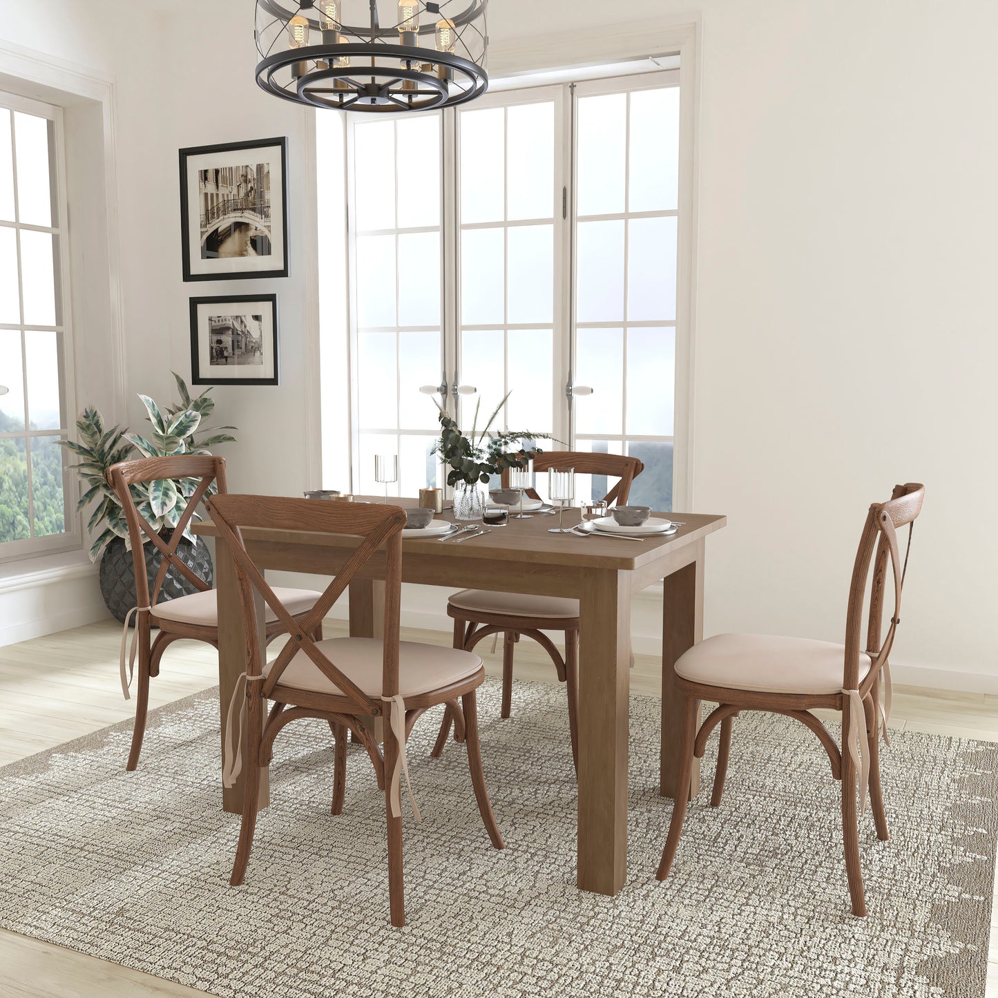 HERCULES 46" x 30" Antique Rustic Farm Table Set with 4 Cross Back Chairs and Cushions Antique Rustic