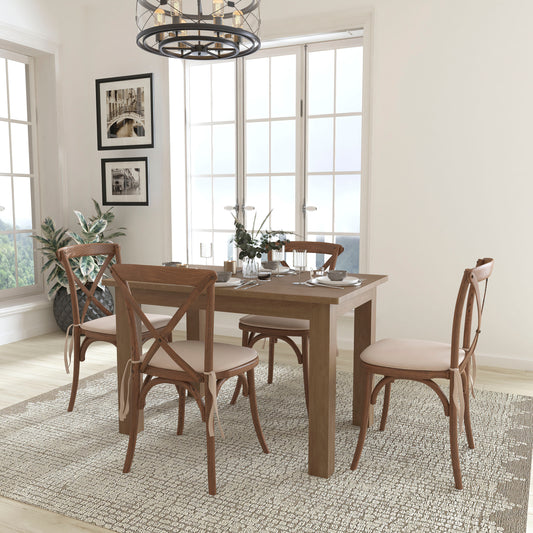 HERCULES 46" x 30" Antique Rustic Farm Table Set with 4 Cross Back Chairs and Cushions Antique Rustic