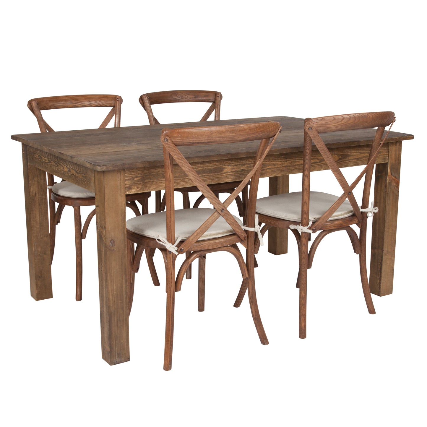 HERCULES 60" x 38" Antique Rustic Farm Table Set with 4 Cross Back Chairs and Cushions Antique Rustic