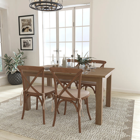 HERCULES 60" x 38" Antique Rustic Farm Table Set with 4 Cross Back Chairs and Cushions Antique Rustic
