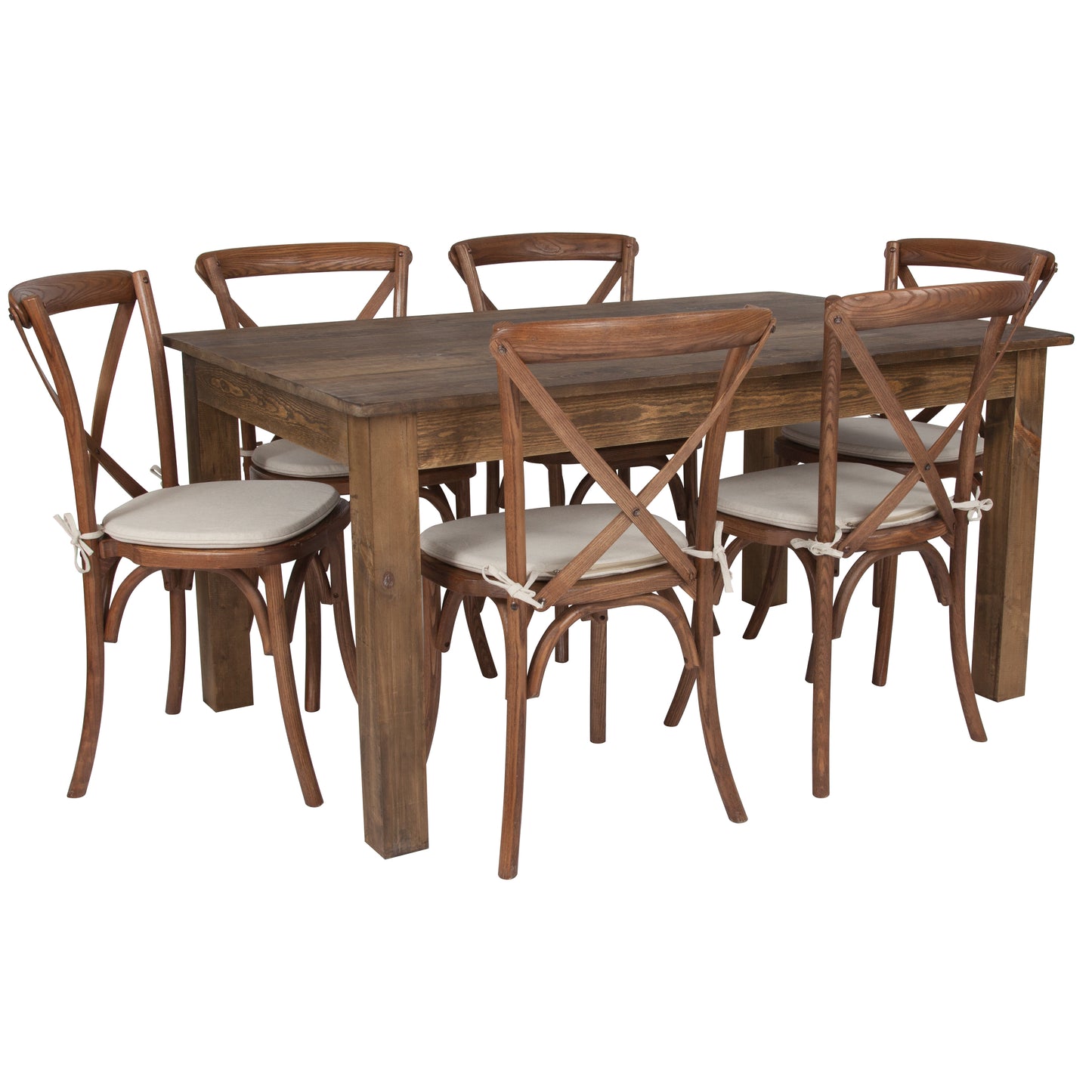 HERCULES 60" x 38" Antique Rustic Farm Table Set with 6 Cross Back Chairs and Cushions Antique Rustic