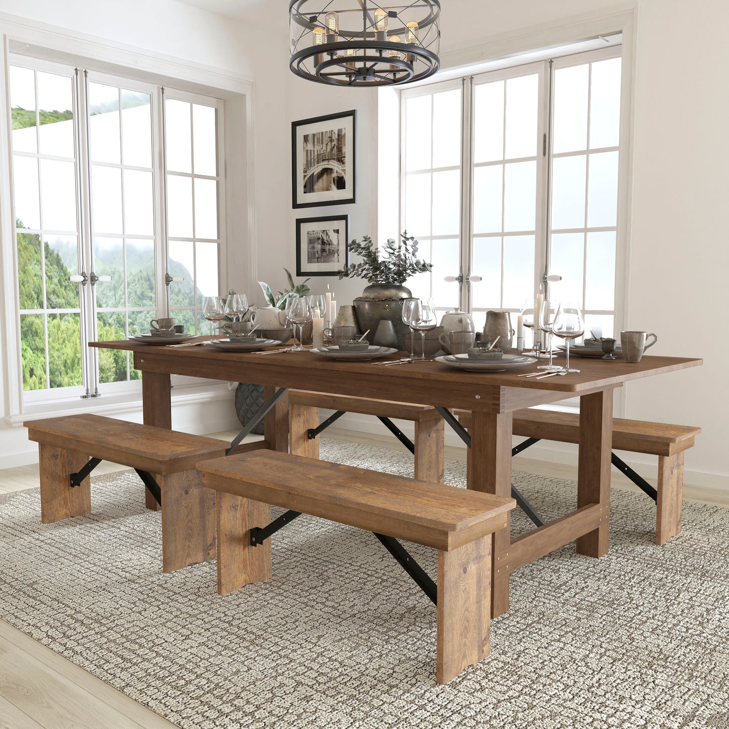 HERCULES Series 8' x 40'' Antique Rustic Folding Farm Table and Four 40.25"L Bench Set Antique Rustic
