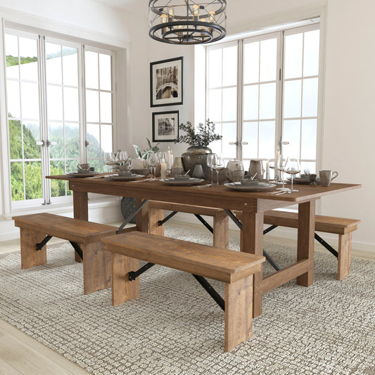 HERCULES Series 8' x 40'' Antique Rustic Folding Farm Table and Four 40.25"L Bench Set Antique Rustic