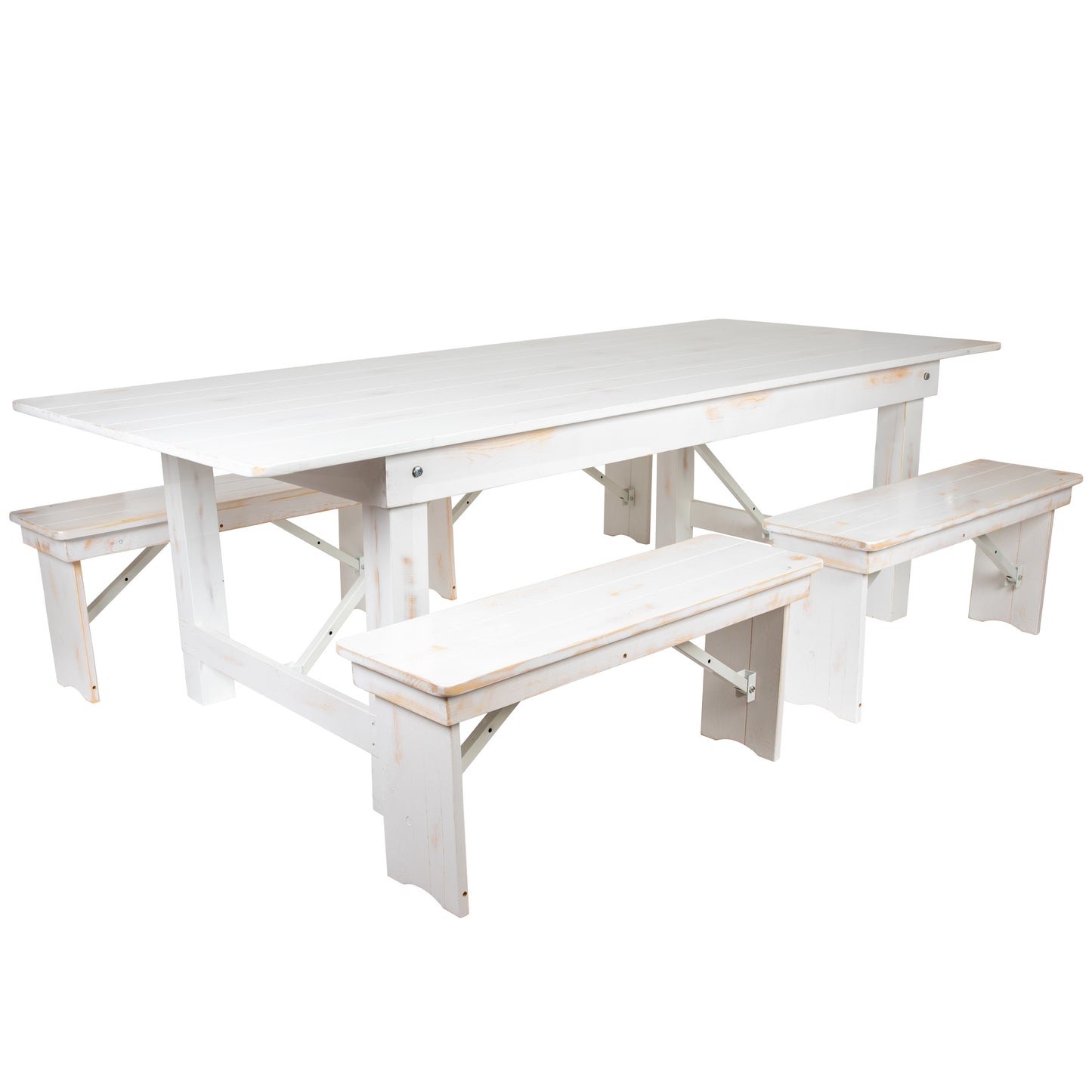 HERCULES Series 8' x 40" Antique Rustic White Folding Farm Table and Four 40.25"L Bench Set Antique Rustic White