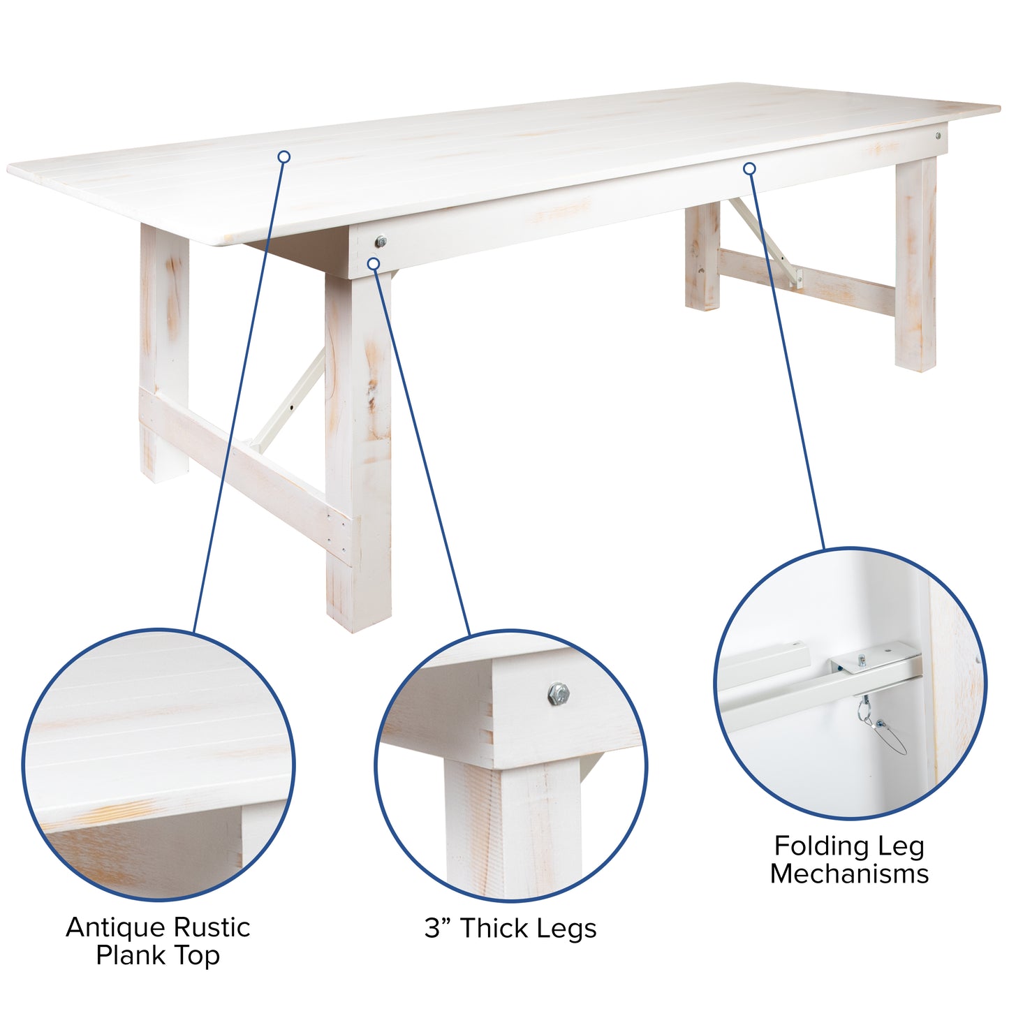 HERCULES Series 8' x 40" Antique Rustic White Folding Farm Table and Four 40.25"L Bench Set Antique Rustic White