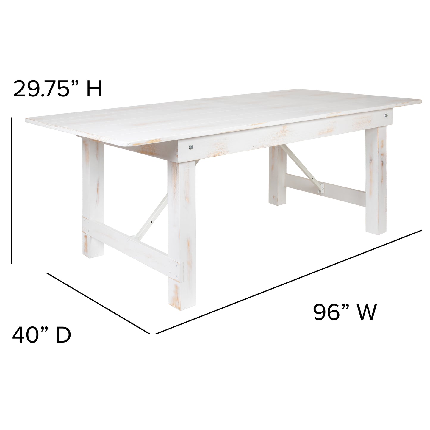 HERCULES Series 8' x 40" Antique Rustic White Folding Farm Table and Four 40.25"L Bench Set Antique Rustic White
