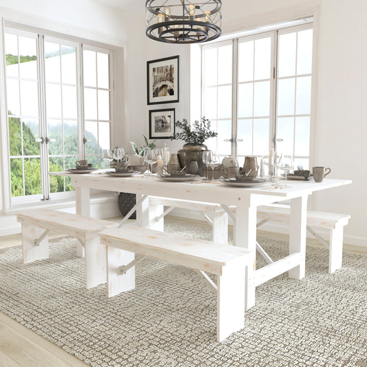 HERCULES Series 8' x 40" Antique Rustic White Folding Farm Table and Four 40.25"L Bench Set Antique Rustic White