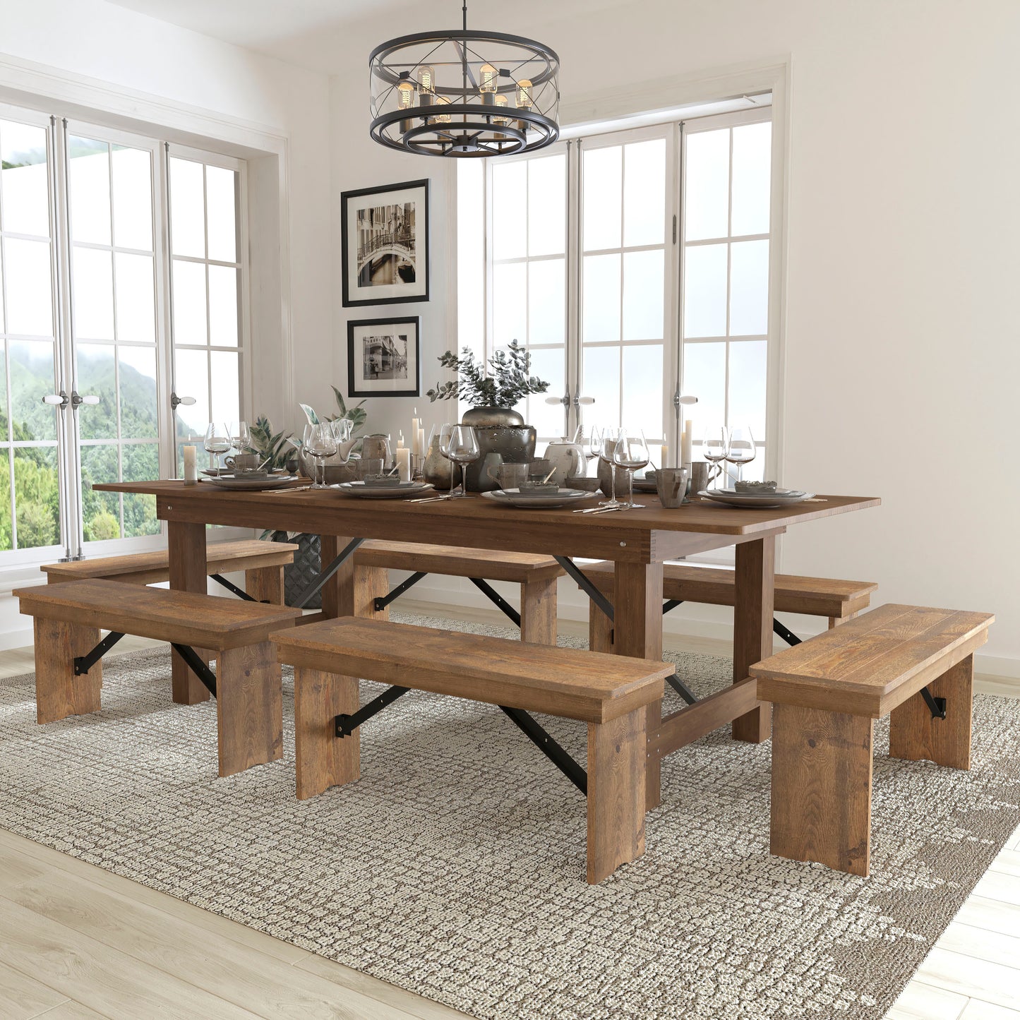 HERCULES Series 8' x 40'' Antique Rustic Folding Farm Table and Six Bench Set Antique Rustic