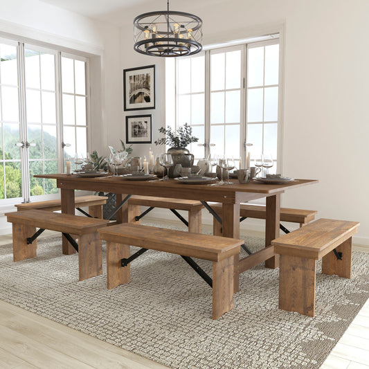 HERCULES Series 8' x 40'' Antique Rustic Folding Farm Table and Six Bench Set Antique Rustic