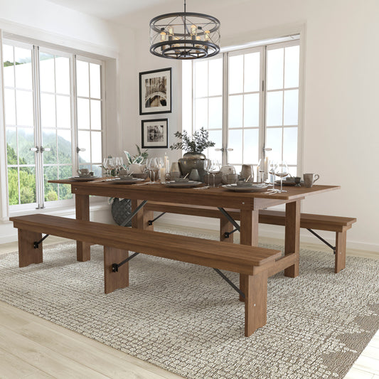 HERCULES Series 8' x 40'' Antique Rustic Folding Farm Table and Two Bench Set Antique Rustic