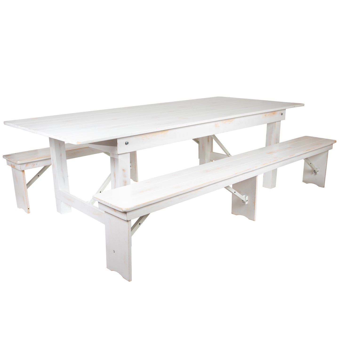HERCULES Series 8' x 40" Antique Rustic White Folding Farm Table and Two Bench Set Antique Rustic White