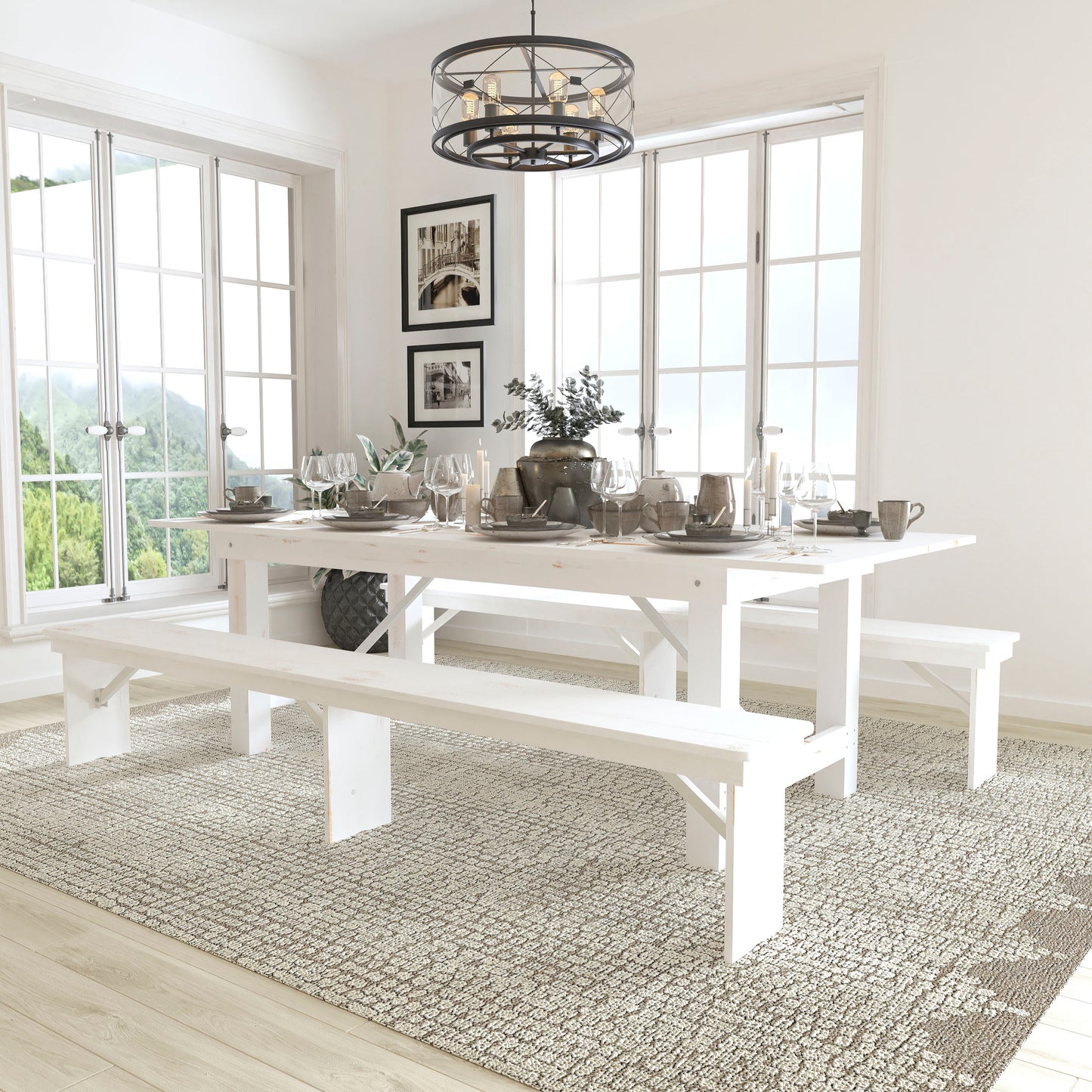 HERCULES Series 8' x 40" Antique Rustic White Folding Farm Table and Two Bench Set Antique Rustic White