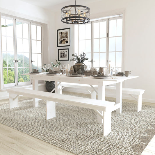 HERCULES Series 8' x 40" Antique Rustic White Folding Farm Table and Two Bench Set Antique Rustic White