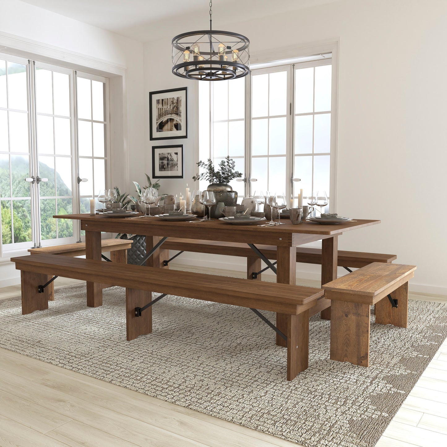 HERCULES Series 8' x 40'' Antique Rustic Folding Farm Table and Four Bench Set Antique Rustic