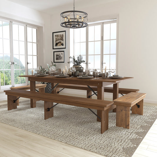 HERCULES Series 8' x 40'' Antique Rustic Folding Farm Table and Four Bench Set Antique Rustic