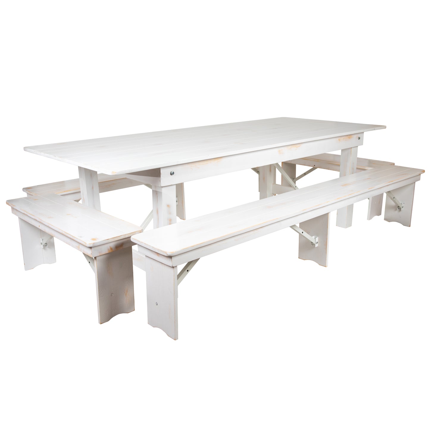 HERCULES Series 8' x 40" Antique Rustic White Folding Farm Table and Four Bench Set Antique Rustic White