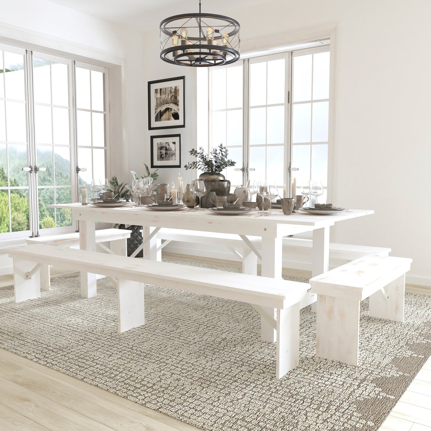 HERCULES Series 8' x 40" Antique Rustic White Folding Farm Table and Four Bench Set Antique Rustic White