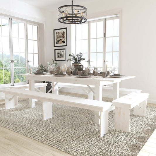 HERCULES Series 8' x 40" Antique Rustic White Folding Farm Table and Four Bench Set Antique Rustic White