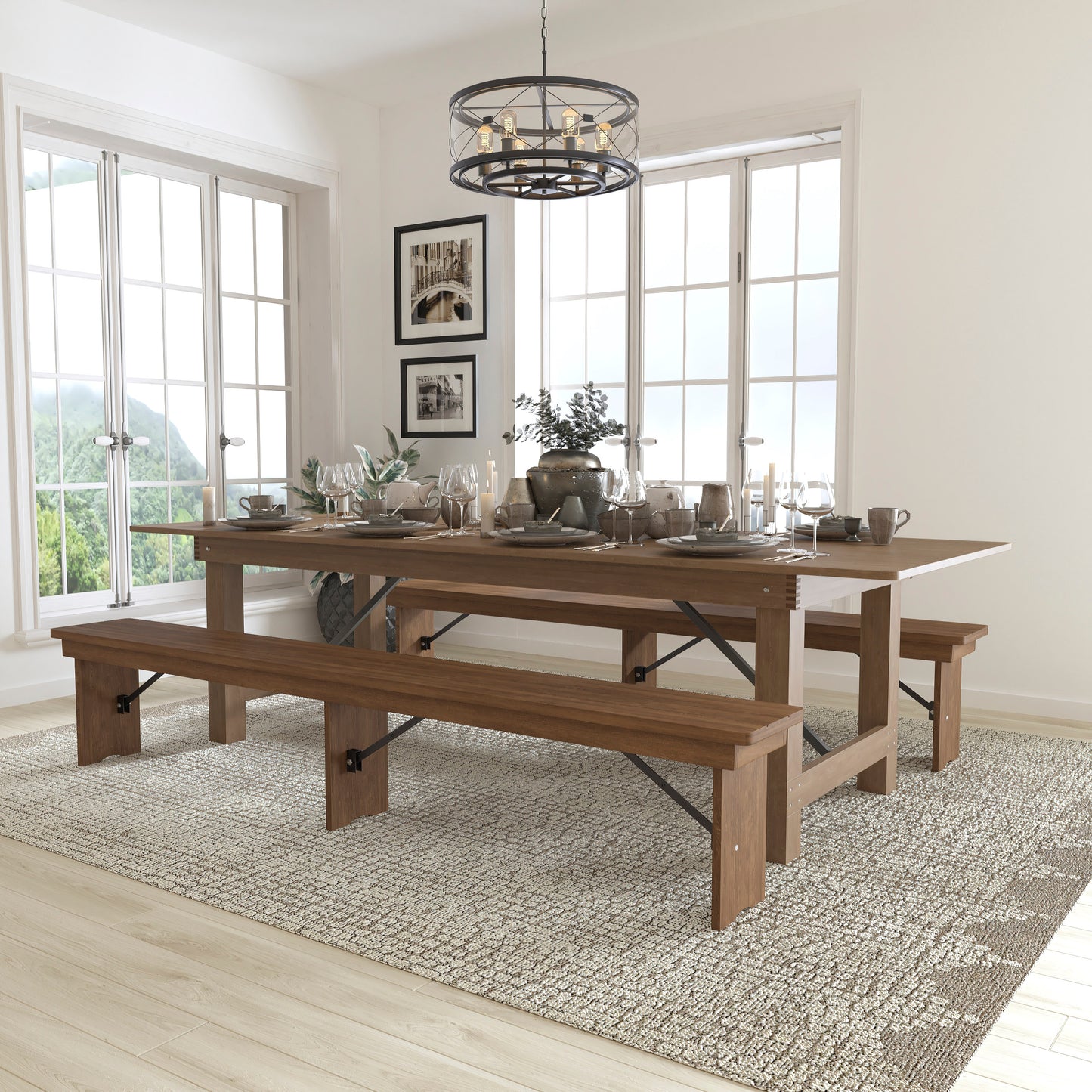 HERCULES Series 9' x 40'' Antique Rustic Folding Farm Table and Two Bench Set Antique Rustic XA-FARM-6-GG