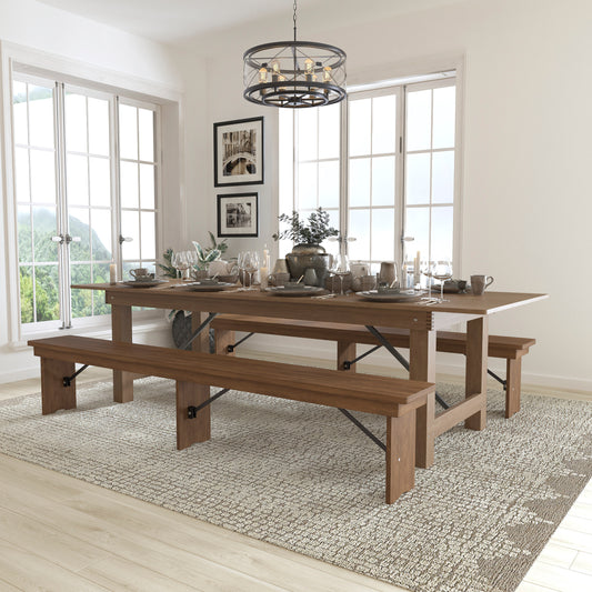 HERCULES Series 9' x 40'' Antique Rustic Folding Farm Table and Two Bench Set Antique Rustic