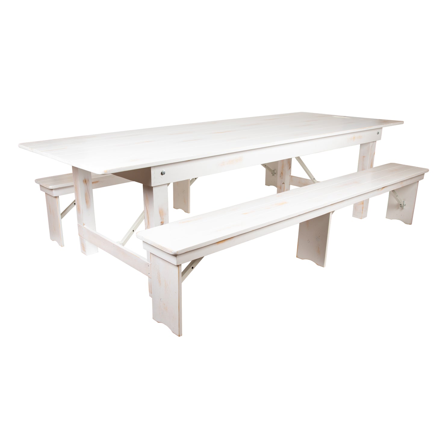 HERCULES Series 9' x 40" Antique Rustic White Folding Farm Table and Two Bench Set Antique Rustic White XA-FARM-6-WH-GG